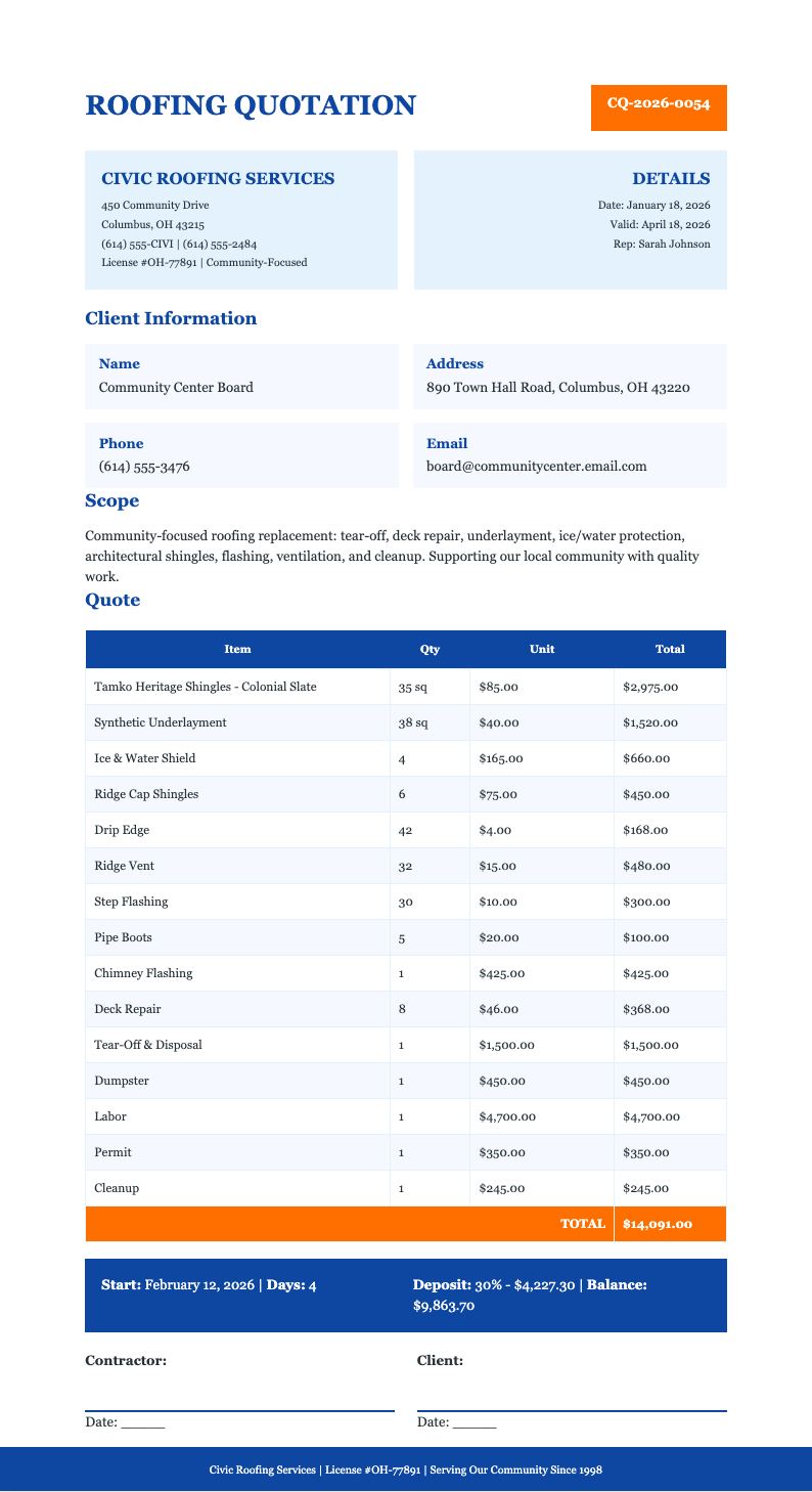 Civic minded roofing quotation